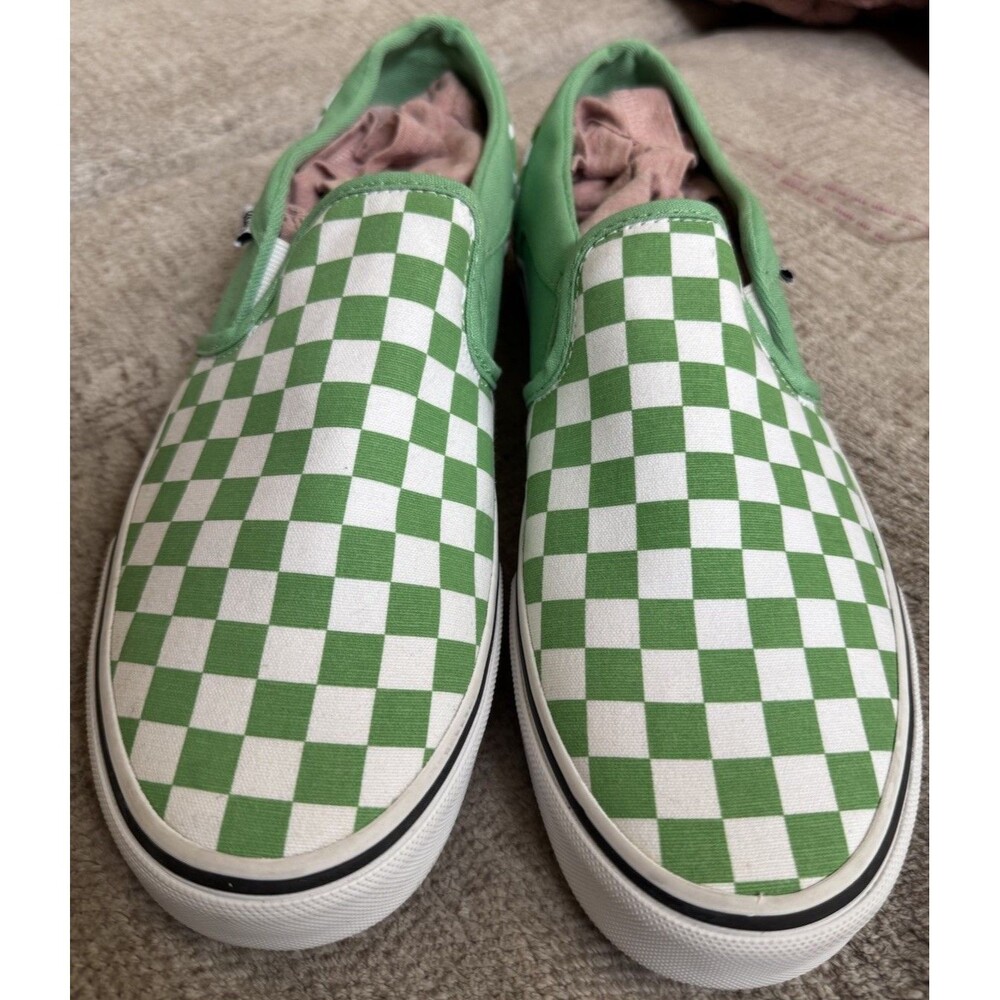 EUC Vans Asher Checkerboard Green White Slip On Skate Shoes W11 M9.5